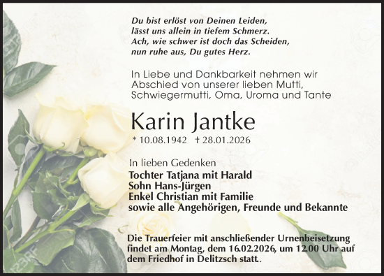 Traueranzeige von Karin Jantke von Leipziger Volkszeitung