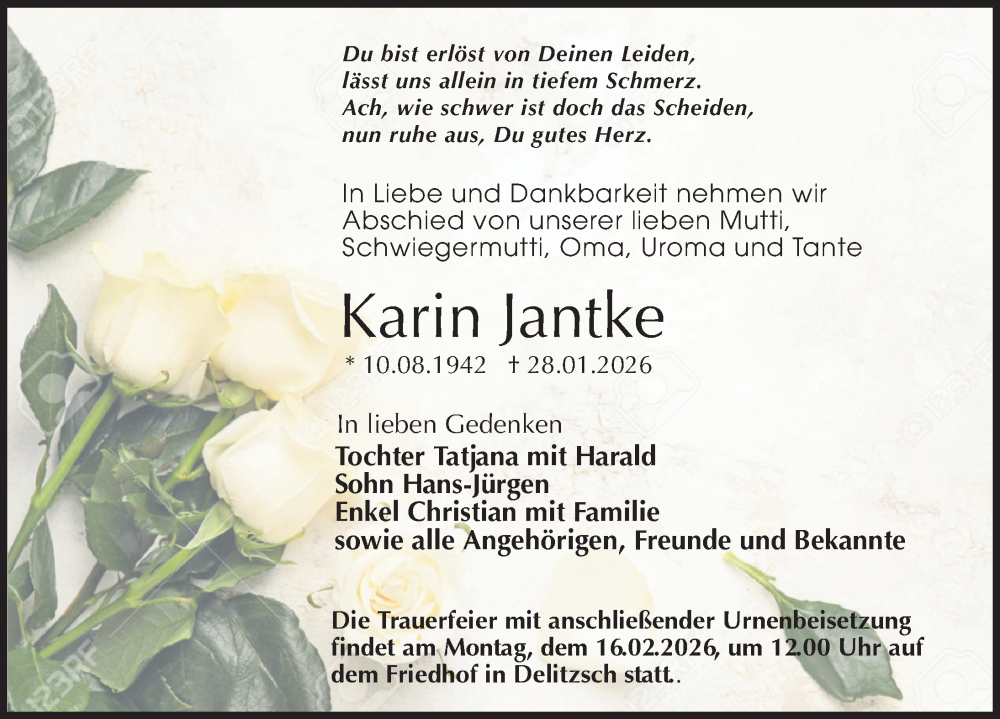  Traueranzeige für Karin Jantke vom 07.02.2026 aus Leipziger Volkszeitung