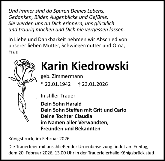 Traueranzeige von Karin Kiedrowski von Sächsische Zeitung