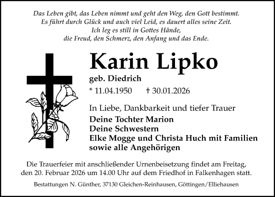 Traueranzeige von Karin Lipko von Göttinger Tageblatt