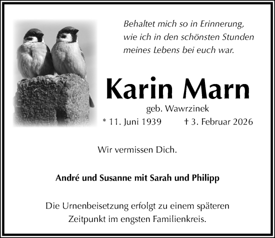 Traueranzeige von Karin Marn von Kieler Nachrichten