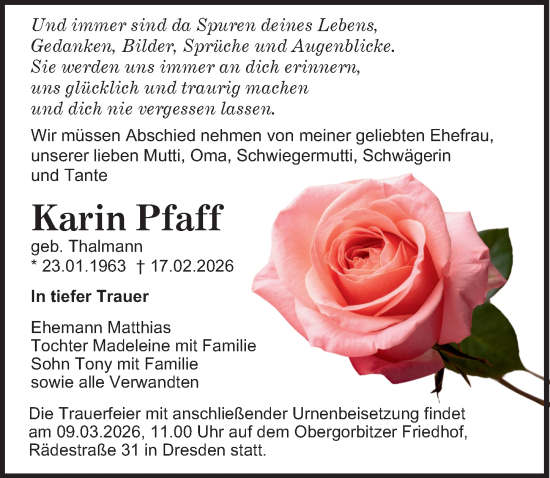 Traueranzeige von Karin Pfaff von Sächsische Zeitung