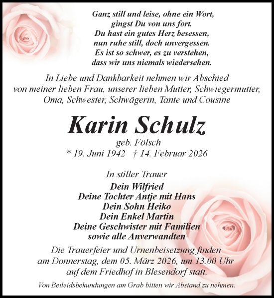 Traueranzeige von Karin Schulz von Wochenspiegel