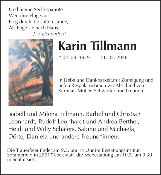 Traueranzeige von Karin Tillmann von Hannoversche Allgemeine Zeitung/Neue Presse