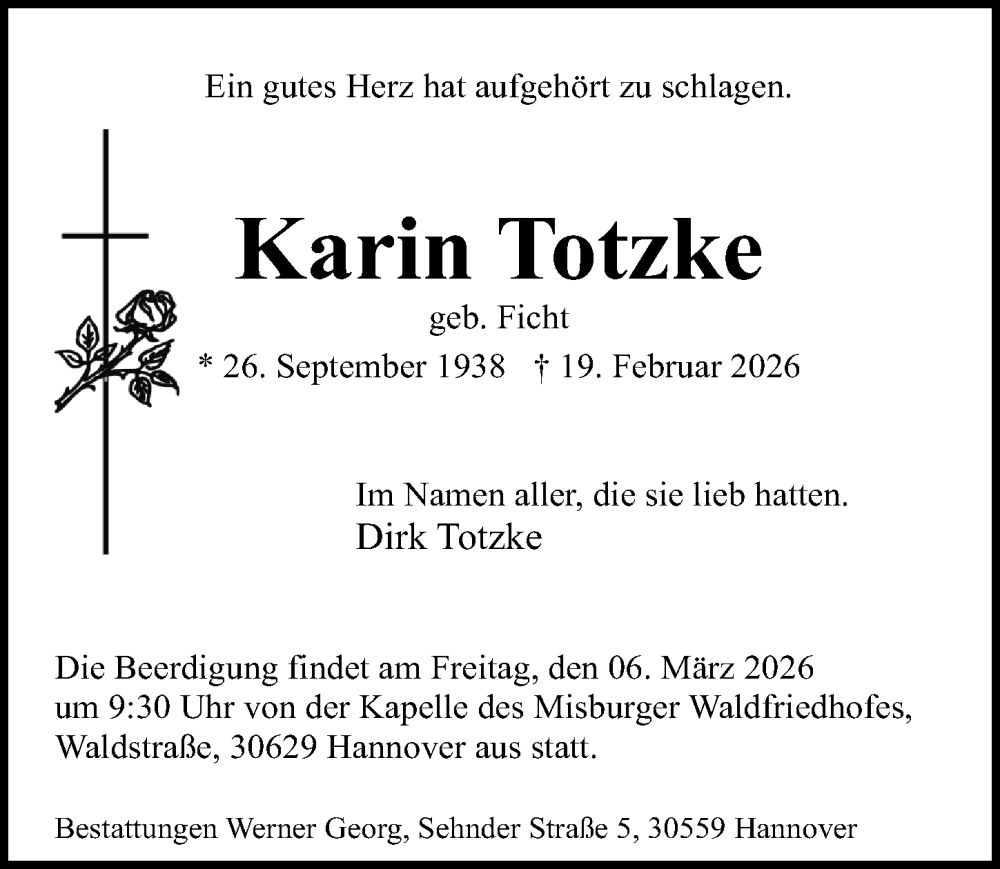  Traueranzeige für Karin Totzke vom 28.02.2026 aus Hannoversche Allgemeine Zeitung/Neue Presse
