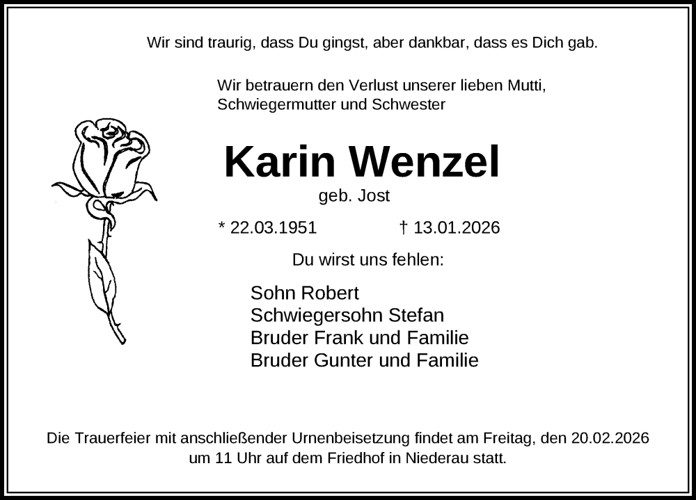  Traueranzeige für Karin Wenzel vom 06.02.2026 aus Sächsische Zeitung