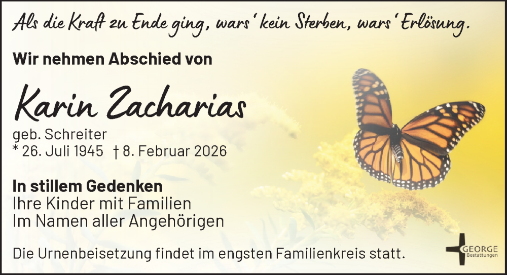  Traueranzeige für Karin Zacharias vom 21.02.2026 aus Leipziger Volkszeitung