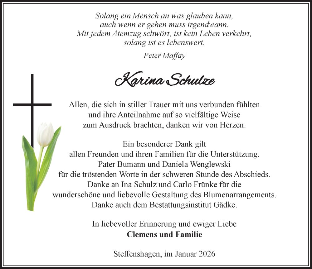  Traueranzeige für Karina Schulze vom 21.02.2026 aus Wochenspiegel