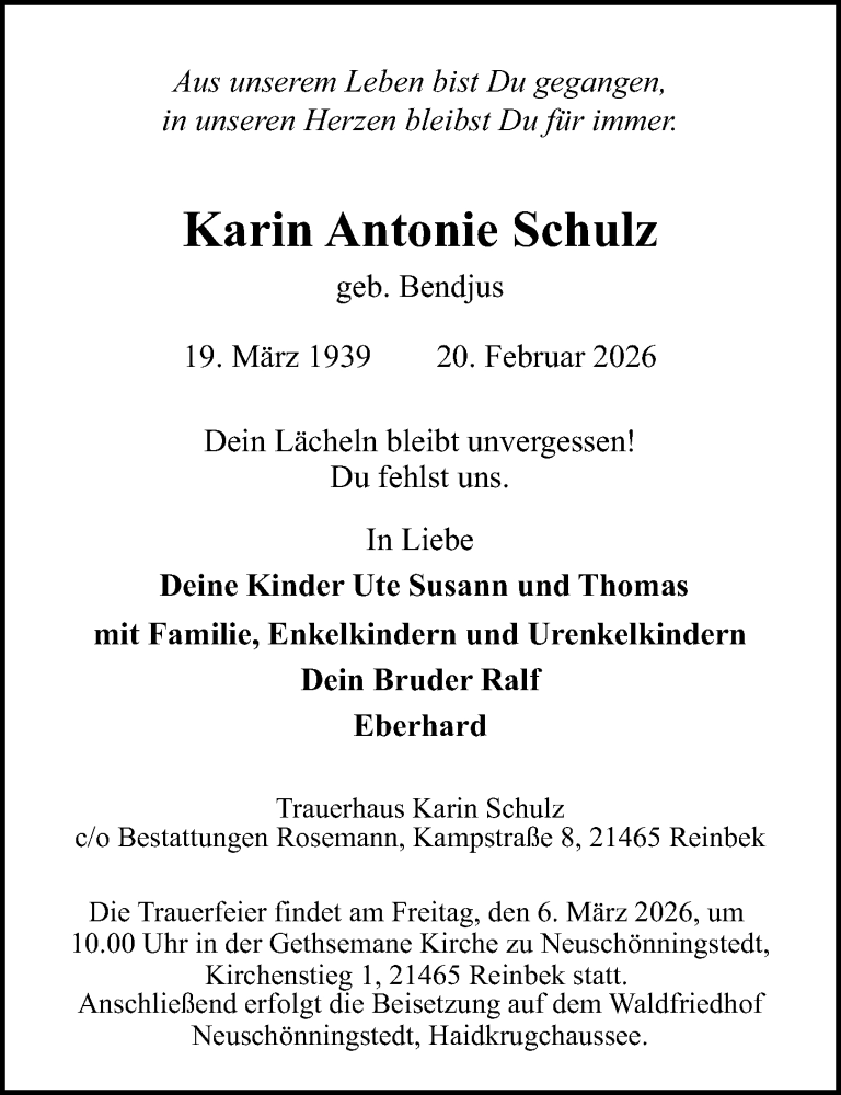  Traueranzeige für Karin Antonie Schulz vom 28.02.2026 aus Kieler Nachrichten