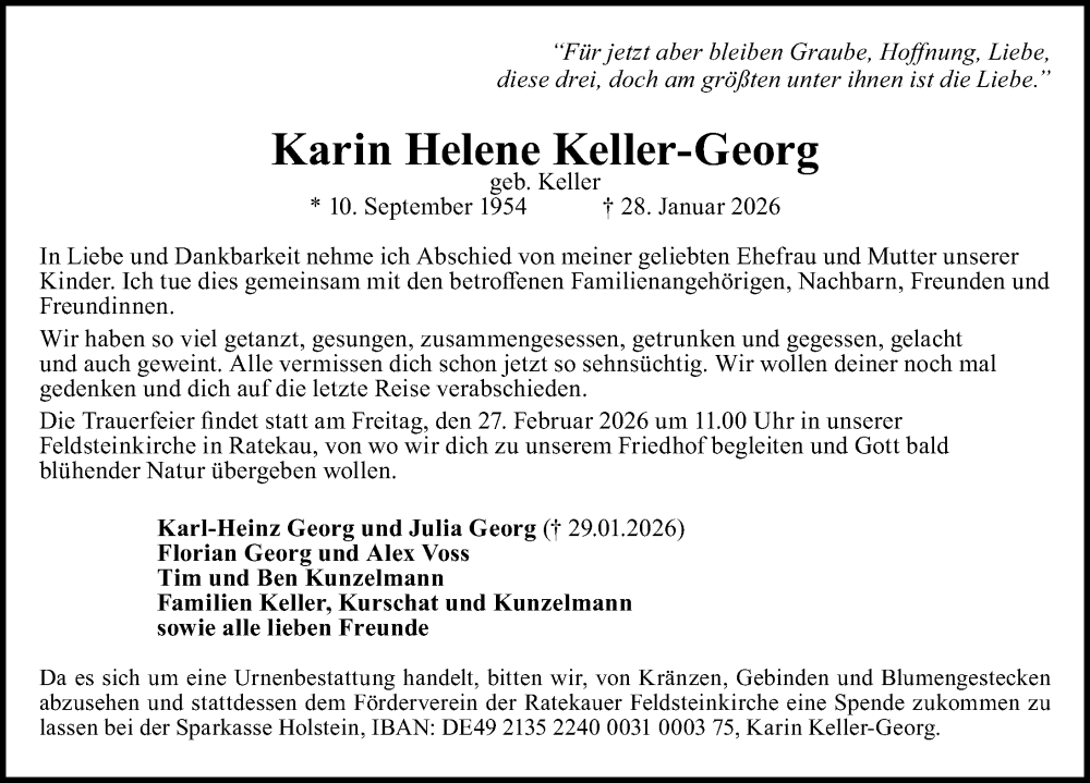  Traueranzeige für Karin Helene Keller-Georg vom 22.02.2026 aus Lübecker Nachrichten