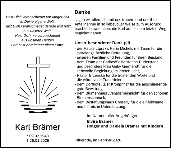 Traueranzeige von Karl Brämer von Eichsfelder Tageblatt