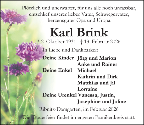 Traueranzeige von Karl Brink von Ostsee-Zeitung GmbH
