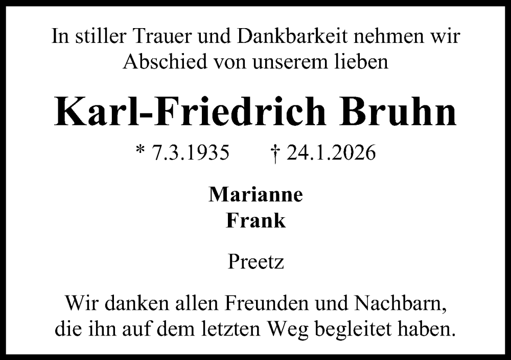  Traueranzeige für Karl-Friedrich Bruhn vom 07.02.2026 aus Kieler Nachrichten