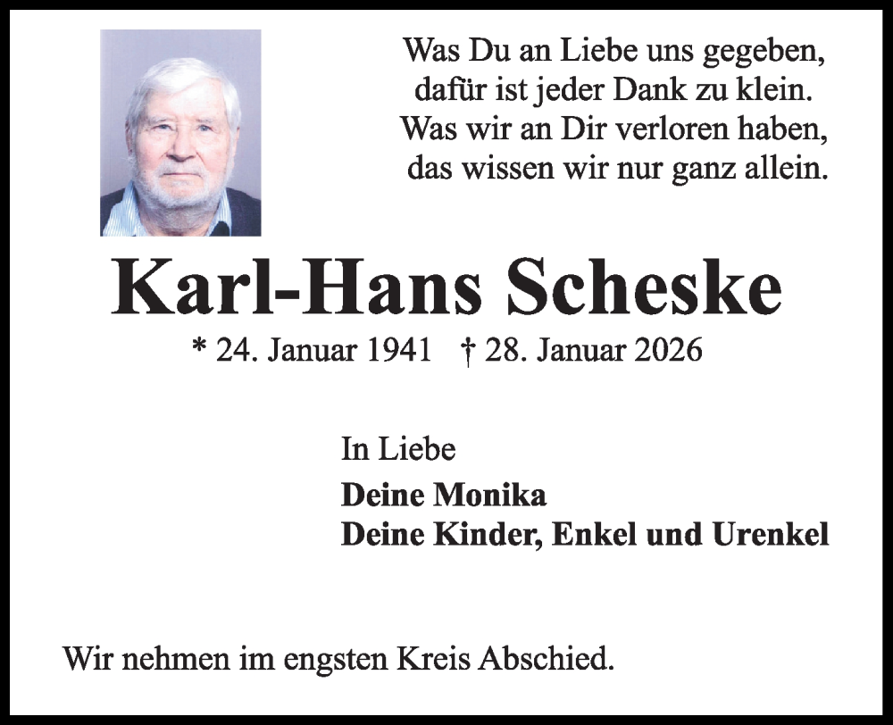  Traueranzeige für Karl-Hans Scheske vom 06.02.2026 aus Kieler Nachrichten