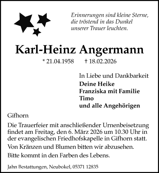 Traueranzeige von Karl-Heinz Angermann von Aller Zeitung