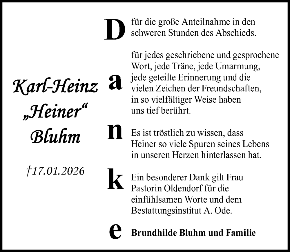  Traueranzeige für Karl-Heinz Bluhm vom 22.02.2026 aus Lübecker Nachrichten