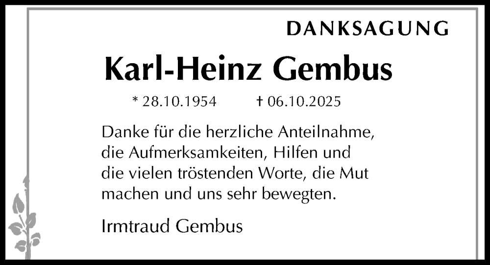  Traueranzeige für Karl-Heinz Gembus vom 14.02.2026 aus Aller Zeitung