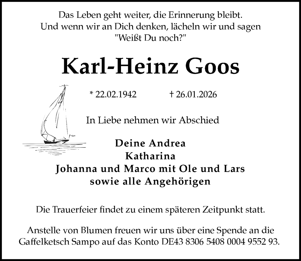  Traueranzeige für Karl-Heinz Goos vom 07.02.2026 aus Kieler Nachrichten