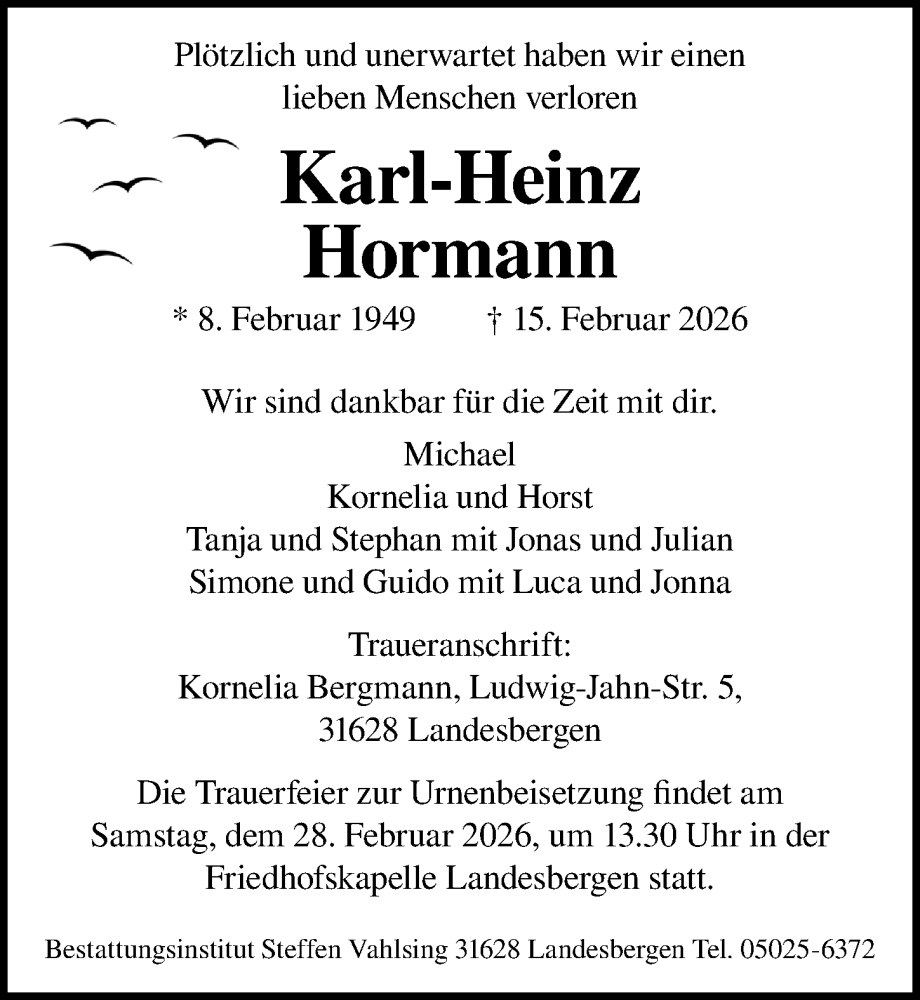  Traueranzeige für Karl-Heinz Hormann vom 24.02.2026 aus Die Harke