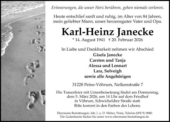 Traueranzeige von Karl-Heinz Janecke von Peiner Allgemeine Zeitung