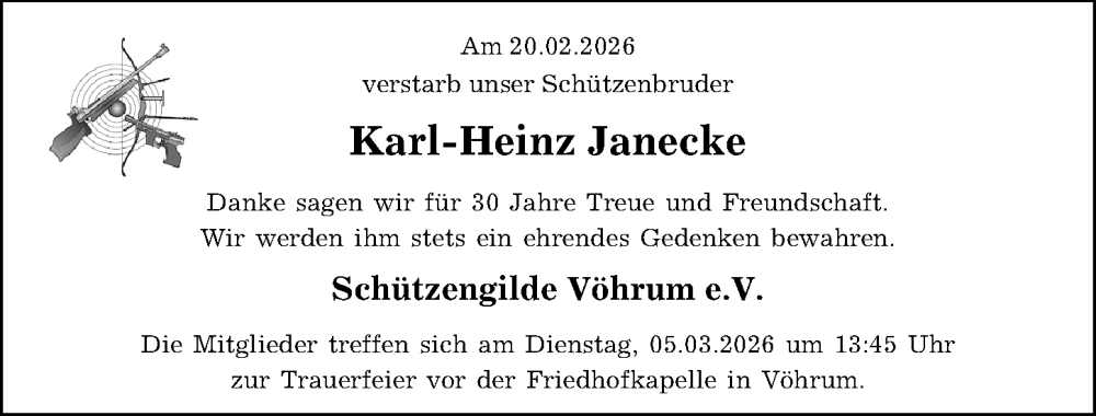  Traueranzeige für Karl-Heinz Janecke vom 28.02.2026 aus Peiner Allgemeine Zeitung
