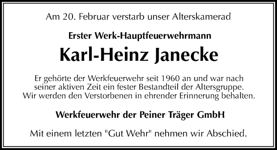 Traueranzeige von Karl-Heinz Janecke von Peiner Allgemeine Zeitung