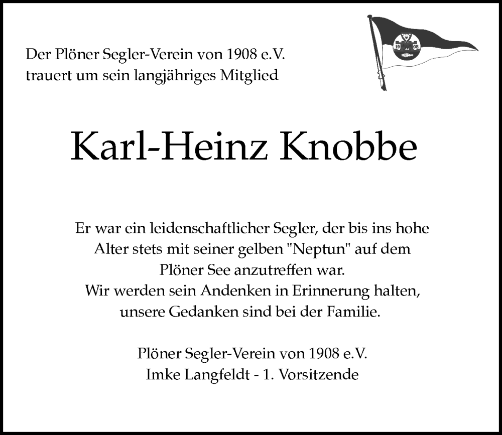  Traueranzeige für Karl-Heinz Knobbe vom 06.02.2026 aus Kieler Nachrichten