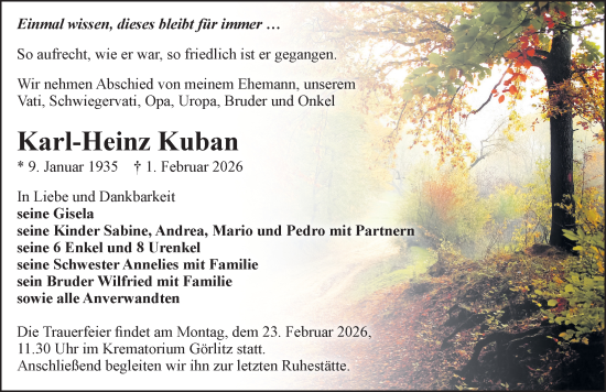 Traueranzeige von Karl-Heinz Kuban von Sächsische Zeitung