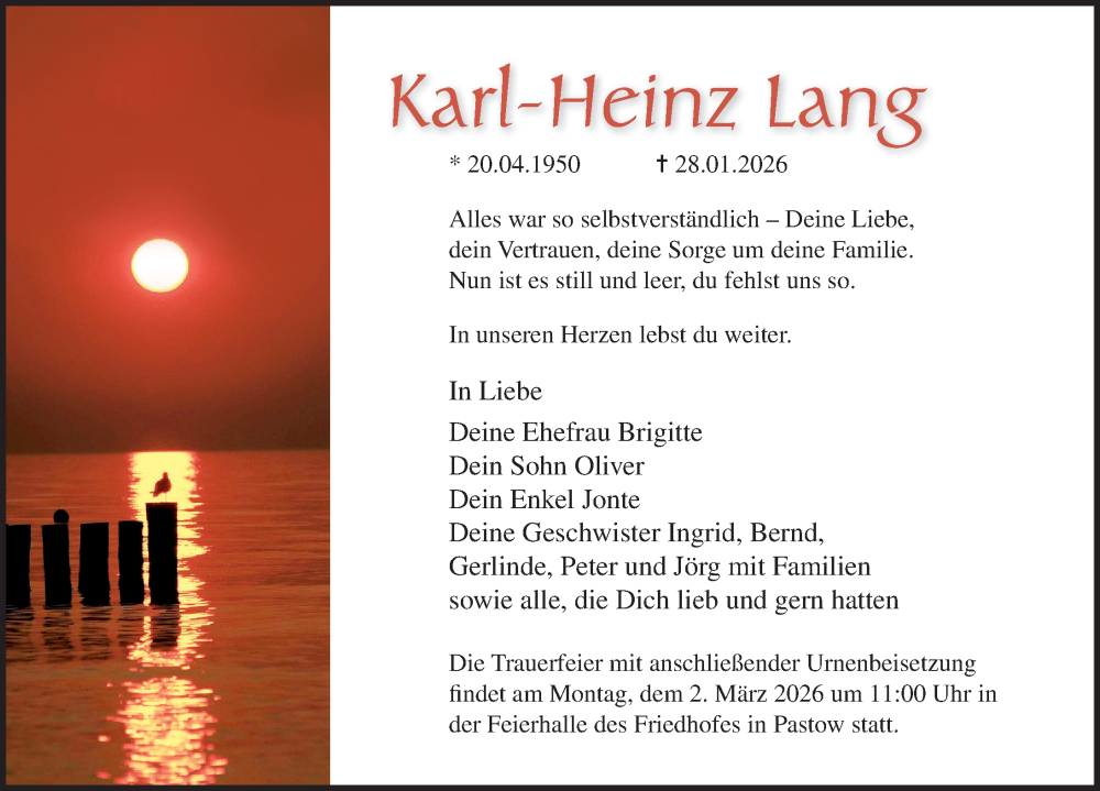  Traueranzeige für Karl-Heinz Lang vom 07.02.2026 aus Ostsee-Zeitung GmbH
