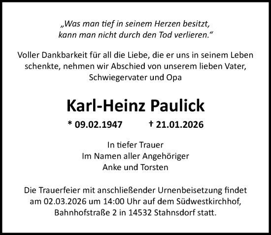 Traueranzeige von Karl-Heinz Paulick von Märkischen Allgemeine Zeitung