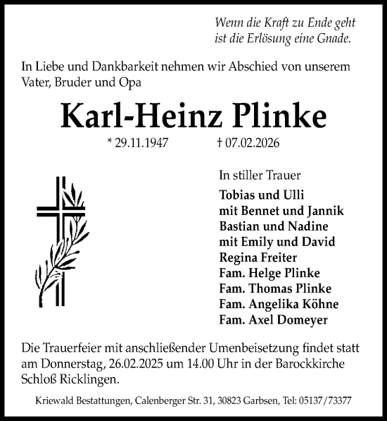 Traueranzeige von Karl-Heinz Plinke von Hannoversche Allgemeine Zeitung/Neue Presse