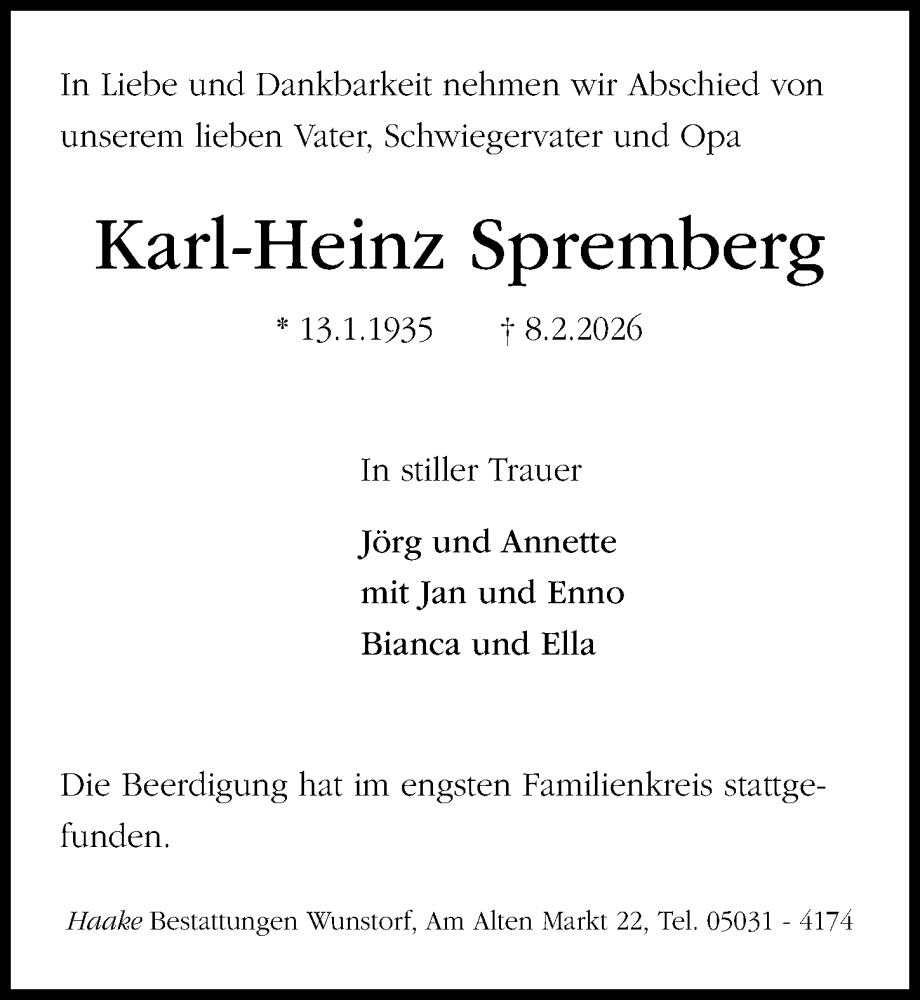  Traueranzeige für Karl-Heinz Spremberg vom 21.02.2026 aus Hannoversche Allgemeine Zeitung/Neue Presse