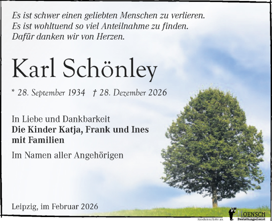 Traueranzeige von Karl Schönley von Leipziger Volkszeitung