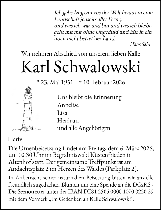Traueranzeige von Karl Schwalowski von Kieler Nachrichten