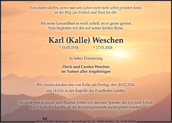 Traueranzeige von Karl Weschen von Hannoversche Allgemeine Zeitung/Neue Presse