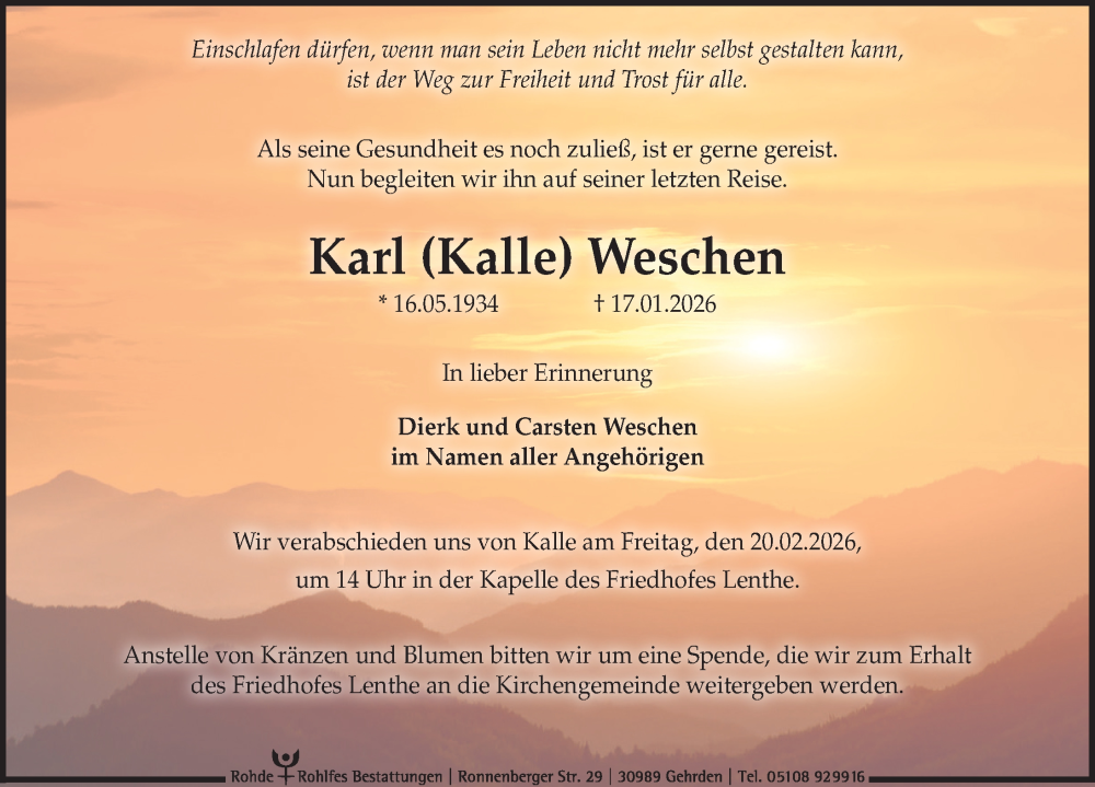  Traueranzeige für Karl Weschen vom 14.02.2026 aus Hannoversche Allgemeine Zeitung/Neue Presse