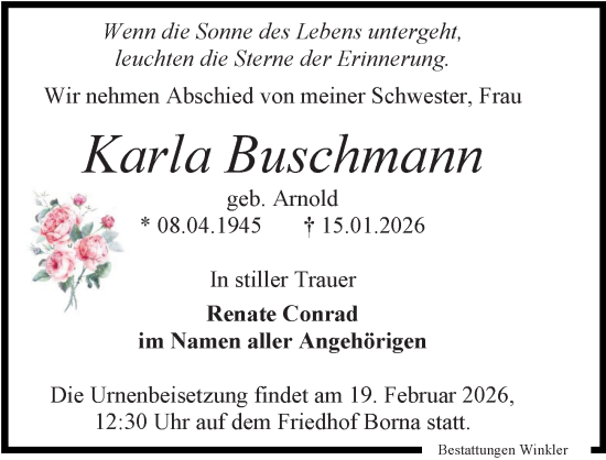 Traueranzeige von Karla Buschmann von Leipziger Volkszeitung