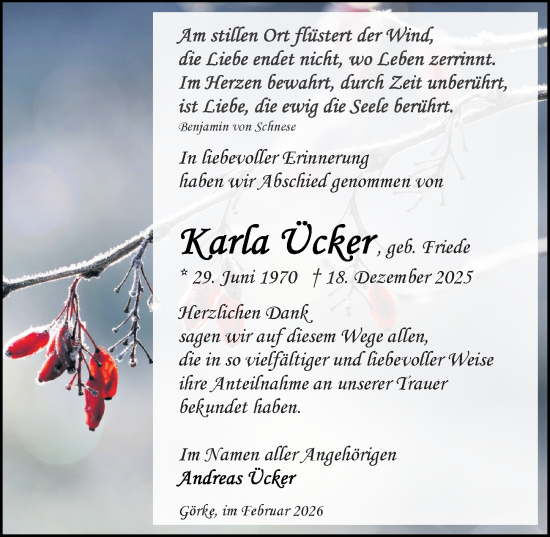 Traueranzeige von Karla Ucker von Ostsee-Zeitung GmbH