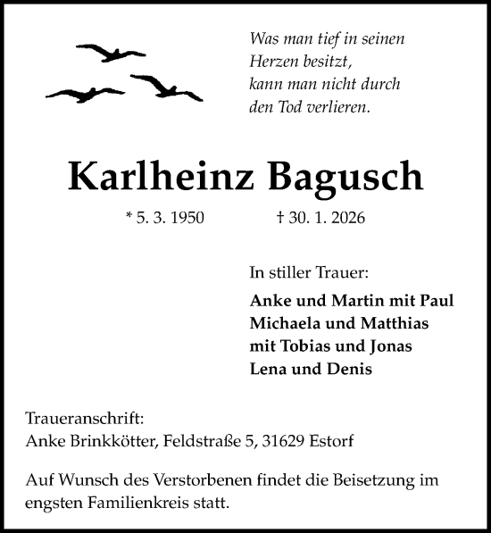 Traueranzeige von Karlheinz Bagusch von Die Harke