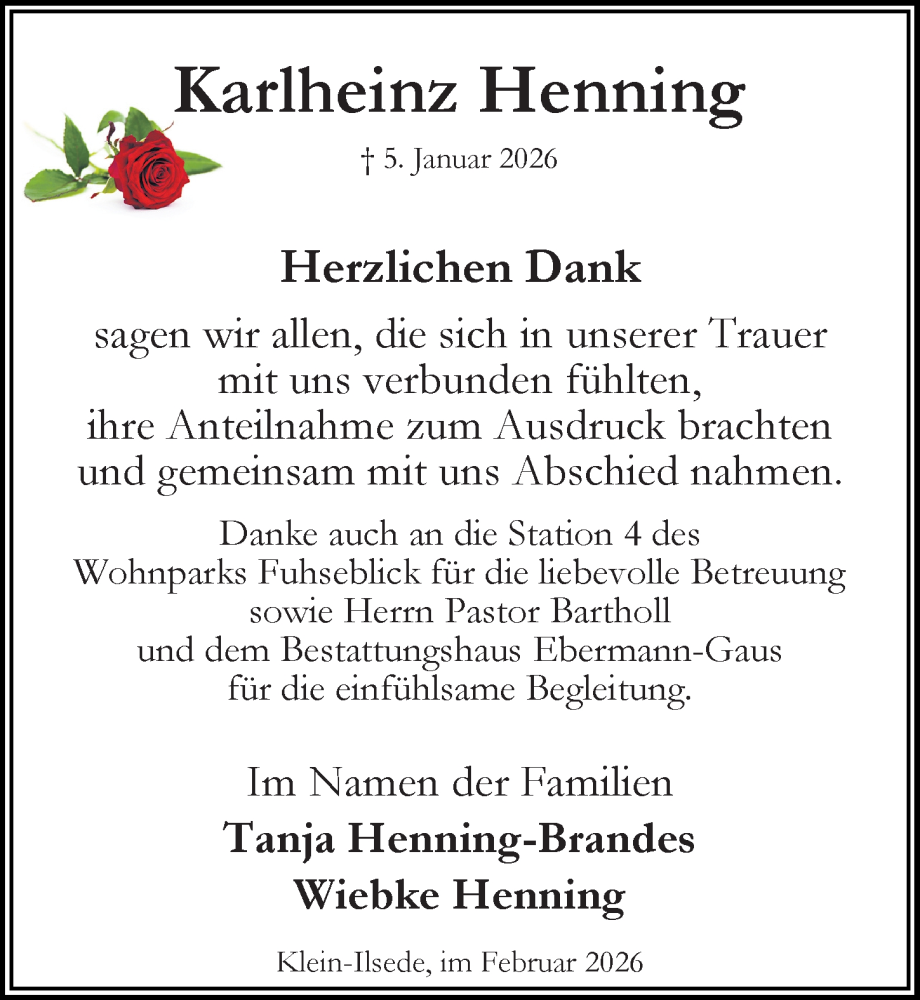  Traueranzeige für Karlheinz Henning vom 07.02.2026 aus Peiner Allgemeine Zeitung