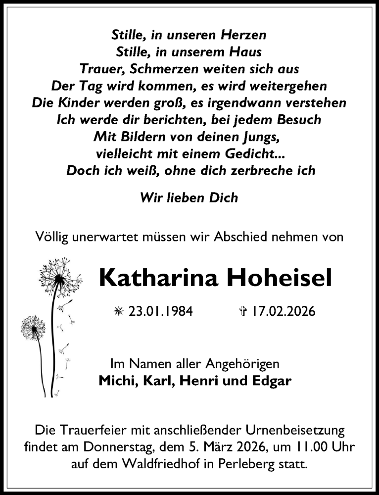  Traueranzeige für Katharina Hoheisel vom 28.02.2026 aus Wochenspiegel