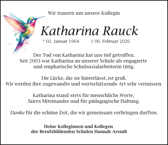 Traueranzeige von Katharina Rauck von Hannoversche Allgemeine Zeitung/Neue Presse