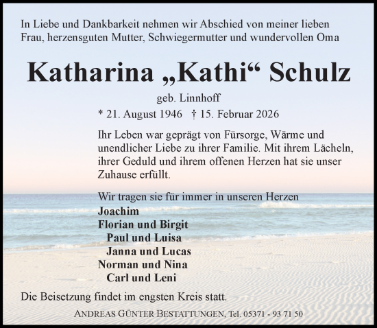 Traueranzeige von Katharina Schulz von Aller Zeitung