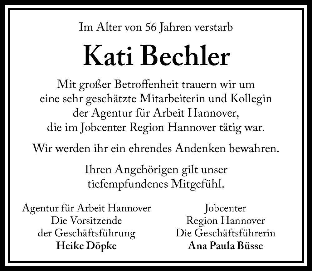  Traueranzeige für Kati Bechler vom 28.02.2026 aus Hannoversche Allgemeine Zeitung/Neue Presse