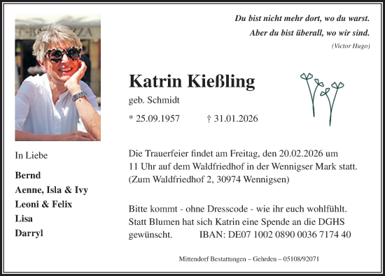 Traueranzeige von Katrin Kießling von Hannoversche Allgemeine Zeitung/Neue Presse