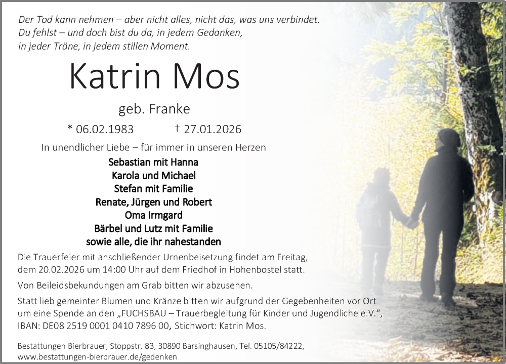  Traueranzeige für Katrin Mos vom 07.02.2026 aus Hannoversche Allgemeine Zeitung/Neue Presse