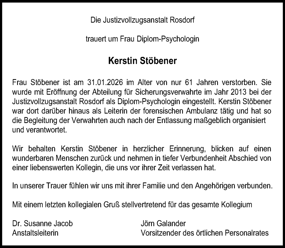  Traueranzeige für Kerstin Stöbener vom 14.02.2026 aus Göttinger Tageblatt