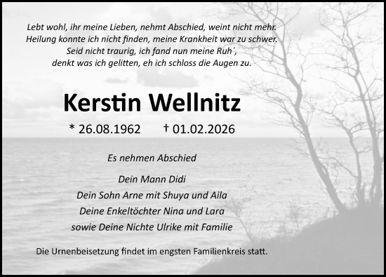 Traueranzeige von Kerstin Wellnitz von Ostsee-Zeitung GmbH