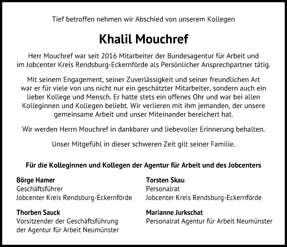  Traueranzeige für Khalil Mouchref vom 21.02.2026 aus Kieler Nachrichten