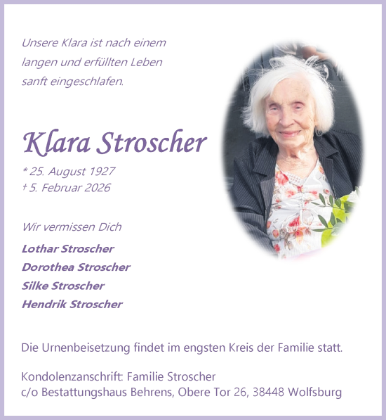 Traueranzeige von Klara Stroscher von Aller Zeitung